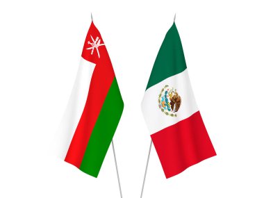 Umman ve Meksika Sultanlığı bayrakları beyaz arka planda izole edildi. 3d resimleme.