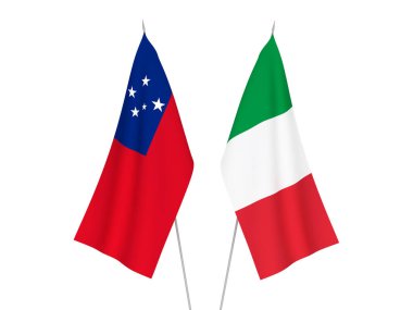 Beyaz arka planda İtalya 'nın ulusal kumaş bayrakları ve Bağımsız Samoa Devleti izole edildi. 3d resimleme.