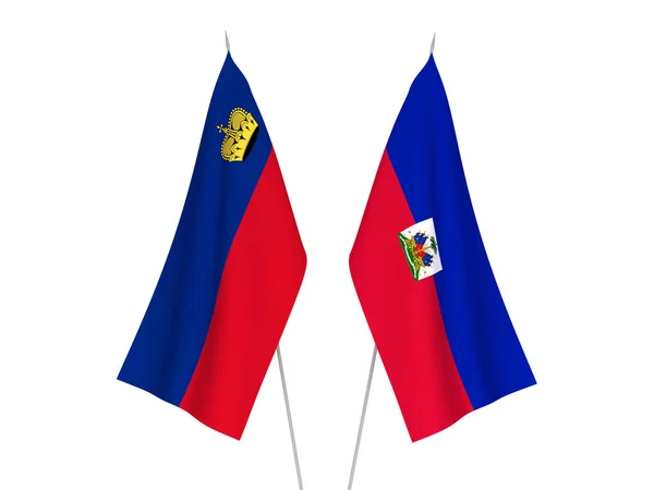 Bandeiras Tecido Nacional Liechtenstein República Haiti Isoladas Fundo Branco Ilustração — Fotografia de Stock