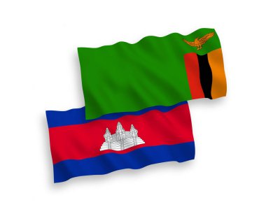 Kamboçya Krallığı ve Zambiya Cumhuriyeti 'nin ulusal taşıyıcı kumaş bayrakları beyaz arka planda izole edildi. 1 'e 2 oranında.