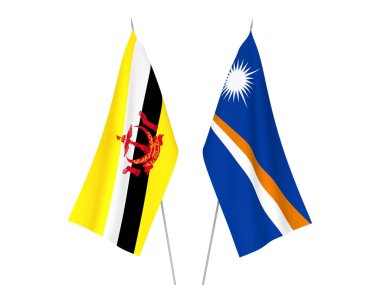 Marshall Adaları Cumhuriyeti ve Brunei 'nin ulusal kumaş bayrakları beyaz arka planda izole edildi. 3d resimleme.