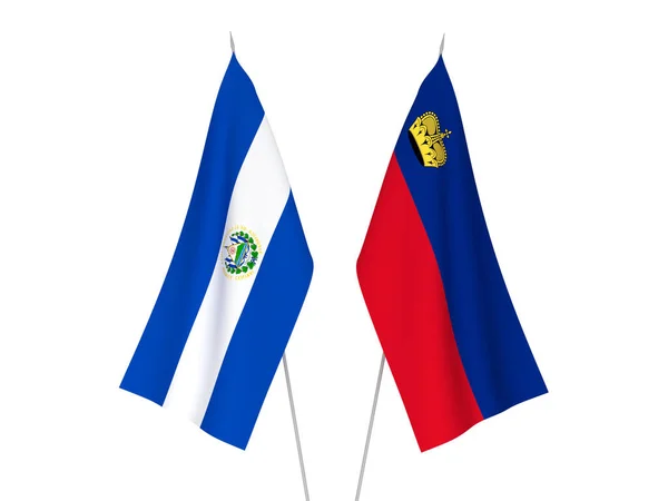 Nationale Stoffen Vlaggen Van Liechtenstein Republiek Salvador Geïsoleerd Witte Achtergrond — Stockfoto