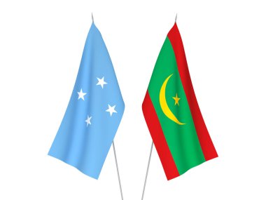 Mikronezya Birleşik Devletleri ve Moritanya İslam Cumhuriyeti bayrakları beyaz arka planda izole edilmiştir. 3d resimleme.