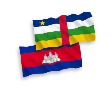 Beyaz arka planda, Kamboçya Krallığı ve Orta Afrika Cumhuriyeti 'nin ulusal taşıyıcı kumaş bayrakları izole edildi. 1 'e 2 oranında.