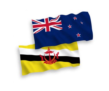 Beyaz arka planda Yeni Zelanda ve Brunei 'nin ulusal taşıyıcı kumaş bayrakları izole edildi. 1 'e 2 oranında.