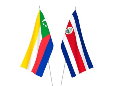 Kosta Rika Cumhuriyeti ve Komoros Birliği bayrakları beyaz arka planda izole edildi. 3d resimleme.