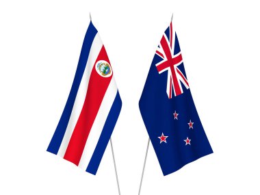 Kosta Rika Cumhuriyeti ve Yeni Zelanda 'nın ulusal kumaş bayrakları beyaz arka planda izole edildi. 3d resimleme.