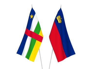 Beyaz arka planda, Lihtenştayn ve Orta Afrika Cumhuriyeti 'nin ulusal kumaş bayrakları izole edildi. 3d resimleme.