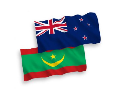 Beyaz arka planda Yeni Zelanda ve Moritanya İslam Cumhuriyeti 'nin ulusal taşıyıcı kumaş bayrakları izole edildi. 1 'e 2 oranında.