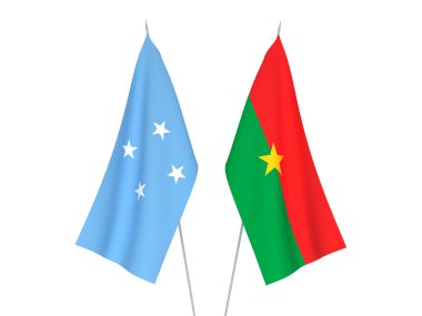 Mikronezya ve Burkina Faso 'nun ulusal kumaş bayrakları beyaz arka planda izole edildi. 3d resimleme.
