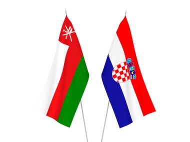 Hırvatistan 'ın ulusal kumaş bayrakları ve Umman Sultanlığı beyaz arka planda izole edildi. 3d resimleme.