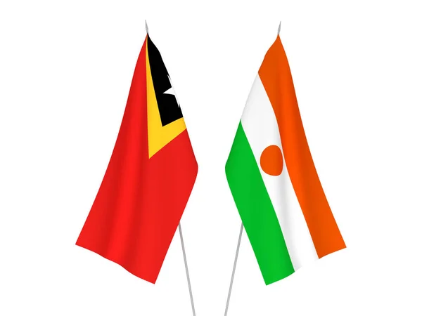 Narodowe Flagi Tkanin Timoru Wschodniego Republiki Nigru Izolowane Białym Tle — Zdjęcie stockowe