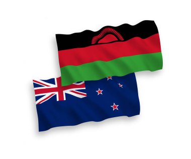 Beyaz arka planda Yeni Zelanda ve Malavi 'nin ulusal taşıyıcı kumaş bayrakları izole edildi. 1 'e 2 oranında.