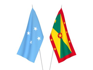 Mikronezya ve Grenada Birleşik Devletleri bayrakları beyaz arka planda izole edildi. 3d resimleme.