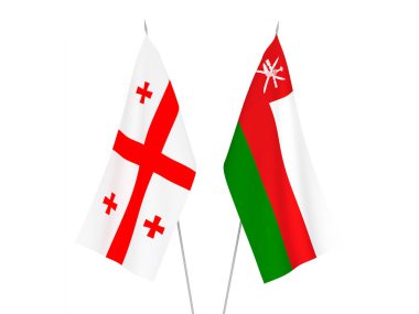 Beyaz arka planda Gürcistan 'ın ulusal kumaş bayrakları ve Umman Sultanlığı izole edildi. 3d resimleme.