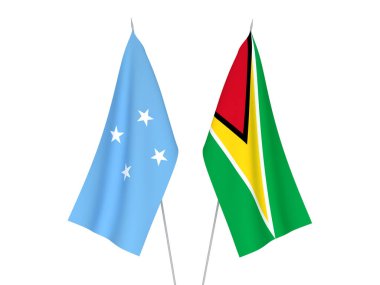 Mikronezya Birleşik Devletleri 'nin ulusal kumaş bayrakları ve Guyana Kooperatif Cumhuriyeti beyaz arka planda izole edildi. 3d resimleme.