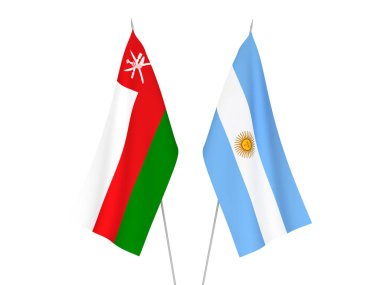 Beyaz arka planda Arjantin 'in ulusal kumaş bayrakları ve Umman Sultanlığı izole edildi. 3d resimleme.