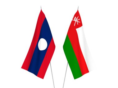 Beyaz arka planda Laos 'un ulusal kumaş bayrakları ve Umman Sultanlığı izole edildi. 3d resimleme.