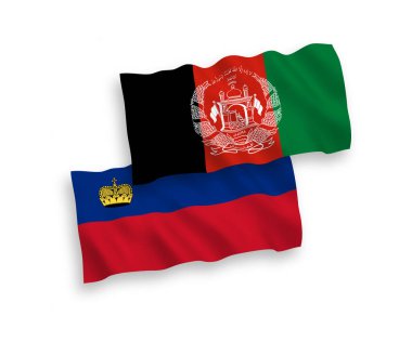 Beyaz arka planda, Lihtenştayn ve Afganistan İslam Cumhuriyeti 'nin ulusal taşıyıcı kumaş bayrakları izole edildi. 1 'e 2 oranında.