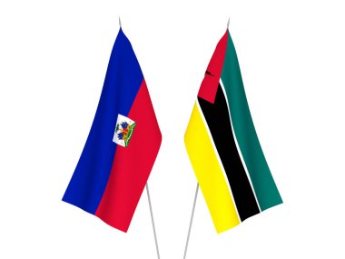 Beyaz arka planda Mozambik Cumhuriyeti ve Haiti Cumhuriyeti 'nin ulusal kumaş bayrakları izole edildi. 3d resimleme.