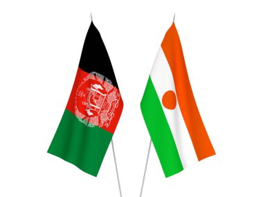 Afganistan Cumhuriyeti ve Nijer Cumhuriyeti 'nin ulusal kumaş bayrakları beyaz arka planda izole edildi. 3d resimleme.