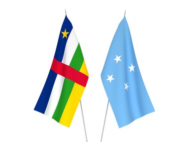 Mikronezya ve Orta Afrika Cumhuriyeti 'nin ulusal kumaş bayrakları beyaz arka planda izole edildi. 3d resimleme.