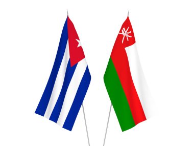 Beyaz arka planda Küba 'nın ulusal kumaş bayrakları ve Umman Sultanlığı izole edildi. 3d resimleme.