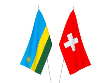 Beyaz arka planda İsviçre ve Ruanda Cumhuriyeti 'nin ulusal kumaş bayrakları izole edildi. 3d resimleme.