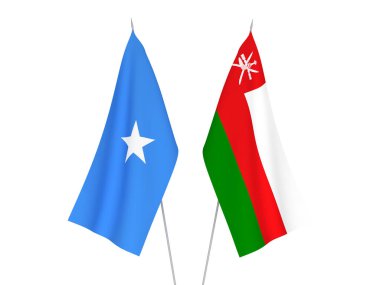 Beyaz arka planda Somali 'nin ulusal kumaş bayrakları ve Umman Sultanlığı izole edildi. 3d resimleme.