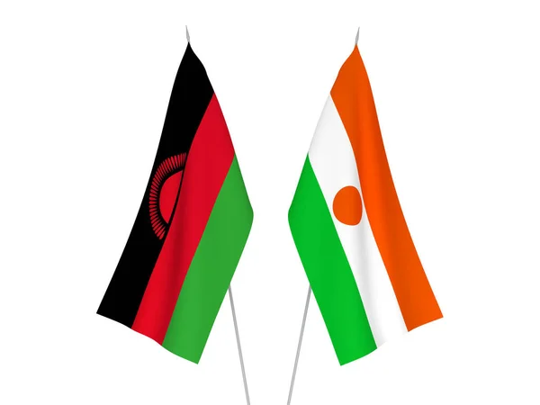 Nationale Stoffen Vlaggen Van Republiek Van Niger Malawi Geïsoleerd Witte — Stockfoto