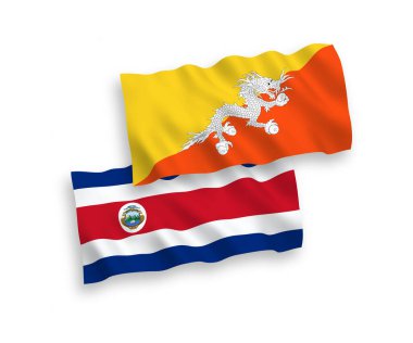 Kosta Rika Cumhuriyeti ve Bhutan Krallığı 'nın ulusal taşıyıcı kumaş bayrakları beyaz arka planda izole edilmiştir. 1 'e 2 oranında.