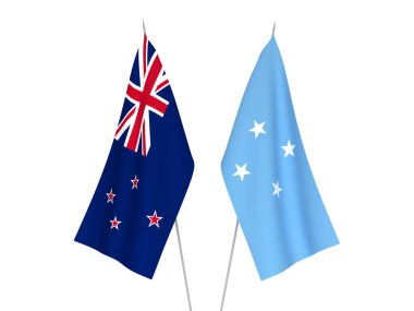 Mikronezya ve Yeni Zelanda 'nın ulusal kumaş bayrakları beyaz arka planda izole edildi. 3d resimleme.