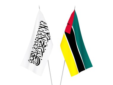 Beyaz arka planda Mozambik Cumhuriyeti ve Taliban 'ın ulusal kumaş bayrakları izole edildi. 3d resimleme.