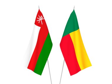 Beyaz arka planda Benin ve Umman Sultanlığı 'nın ulusal kumaş bayrakları izole edildi. 3d resimleme.