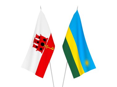 Beyaz arka planda Cebelitarık ve Ruanda Cumhuriyeti 'nin ulusal kumaş bayrakları izole edildi. 3d resimleme.