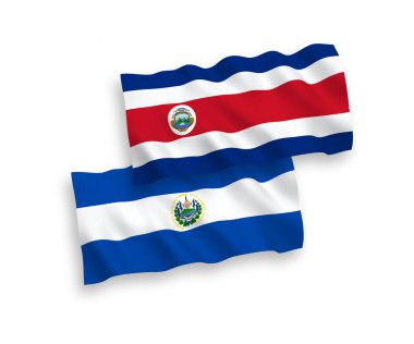 National vector fabric wave flags of Republic of Costa Rica and Republic of El Salvador isolated on white background. 1 to 2 proportion.