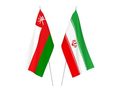 Beyaz arka planda İran 'ın ulusal kumaş bayrakları ve Umman Sultanlığı izole edildi. 3d resimleme.