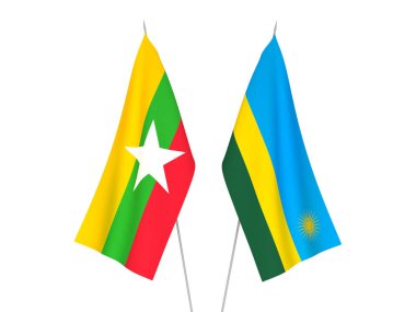 Beyaz arka planda Myanmar ve Ruanda Cumhuriyeti 'nin ulusal kumaş bayrakları izole edildi. 3d resimleme.