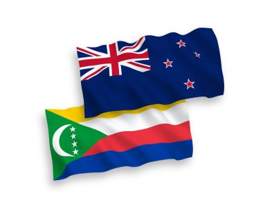 National vector fabric wave flags of New Zealand and Union of the Comoros isolated on white background. 1 to 2 proportion.