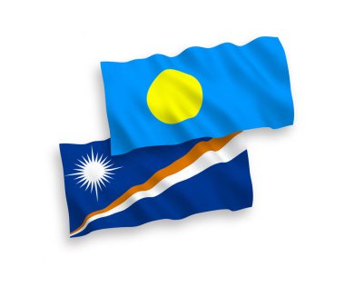 National vector fabric wave flags of Republic of the Marshall Islands and Palau isolated on white background. 1 to 2 proportion.