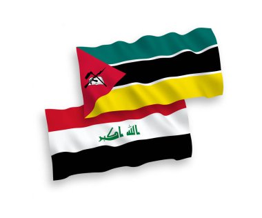 National vector fabric wave flags of Republic of Mozambique and Iraq isolated on white background. 1 to 2 proportion.