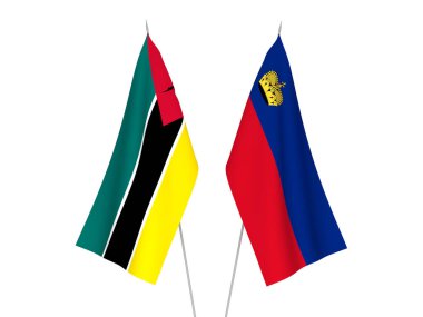 National fabric flags of Republic of Mozambique and Liechtenstein isolated on white background. 3d rendering illustration.