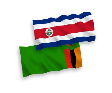 National vector fabric wave flags of Republic of Costa Rica and Republic of Zambia isolated on white background. 1 to 2 proportion.