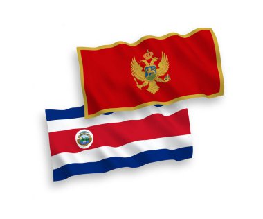 National vector fabric wave flags of Republic of Costa Rica and Montenegro isolated on white background. 1 to 2 proportion.