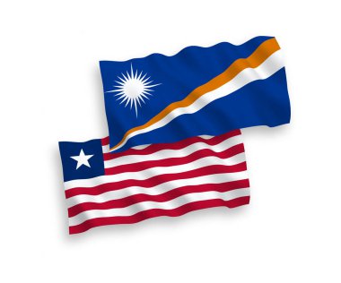 National vector fabric wave flags of Republic of the Marshall Islands and Liberia isolated on white background. 1 to 2 proportion.