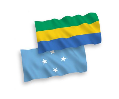 National vector fabric wave flags of Federated States of Micronesia and Gabon isolated on white background. 1 to 2 proportion.