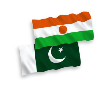 National vector fabric wave flags of Republic of the Niger and Pakistan isolated on white background. 1 to 2 proportion.