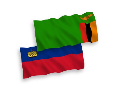 National vector fabric wave flags of Liechtenstein and Republic of Zambia isolated on white background. 1 to 2 proportion.