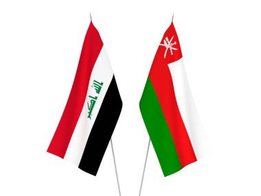 National fabric flags of Iraq and Sultanate of Oman isolated on white background. 3d rendering illustration.