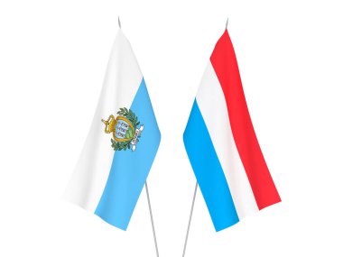 National fabric flags of Luxembourg and San Marino isolated on white background. 3d rendering illustration.